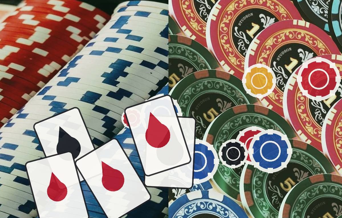 Poker chips in red, blue, green on a casino table with overlapping playing cards showing red heart suit symbols beneath them