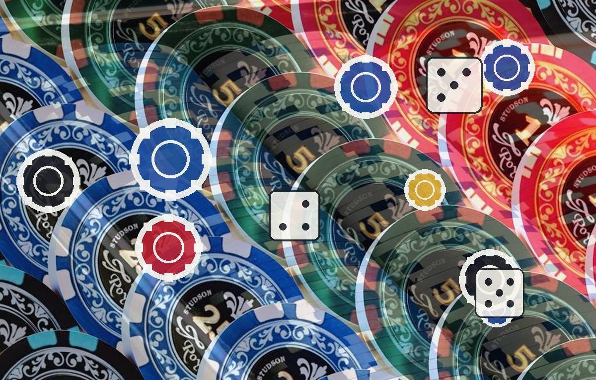 Colorful poker chips overlapped with white die and gear icons overlay.