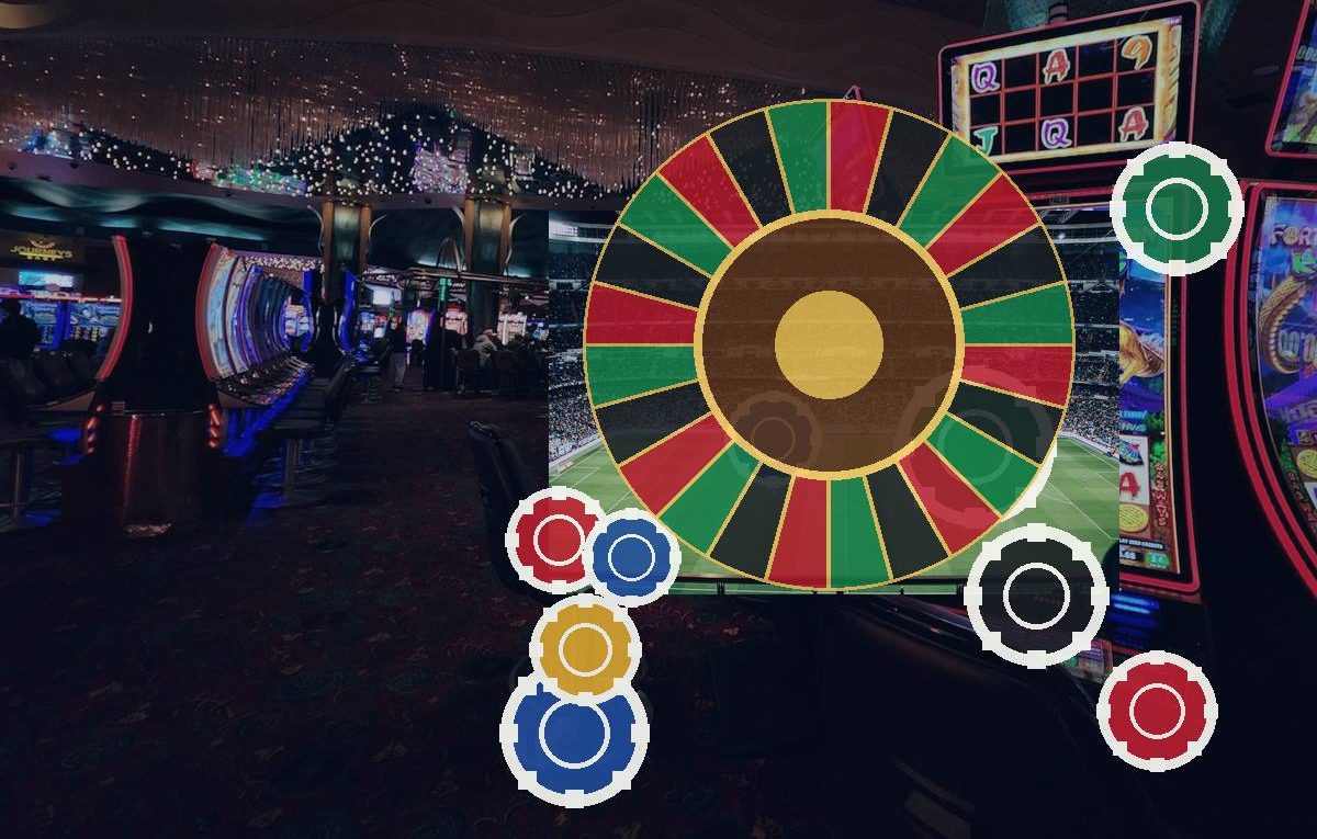 Casino gaming floor with neon slot machines and a large colorful roulette wheel graphic overlayed on the scene.