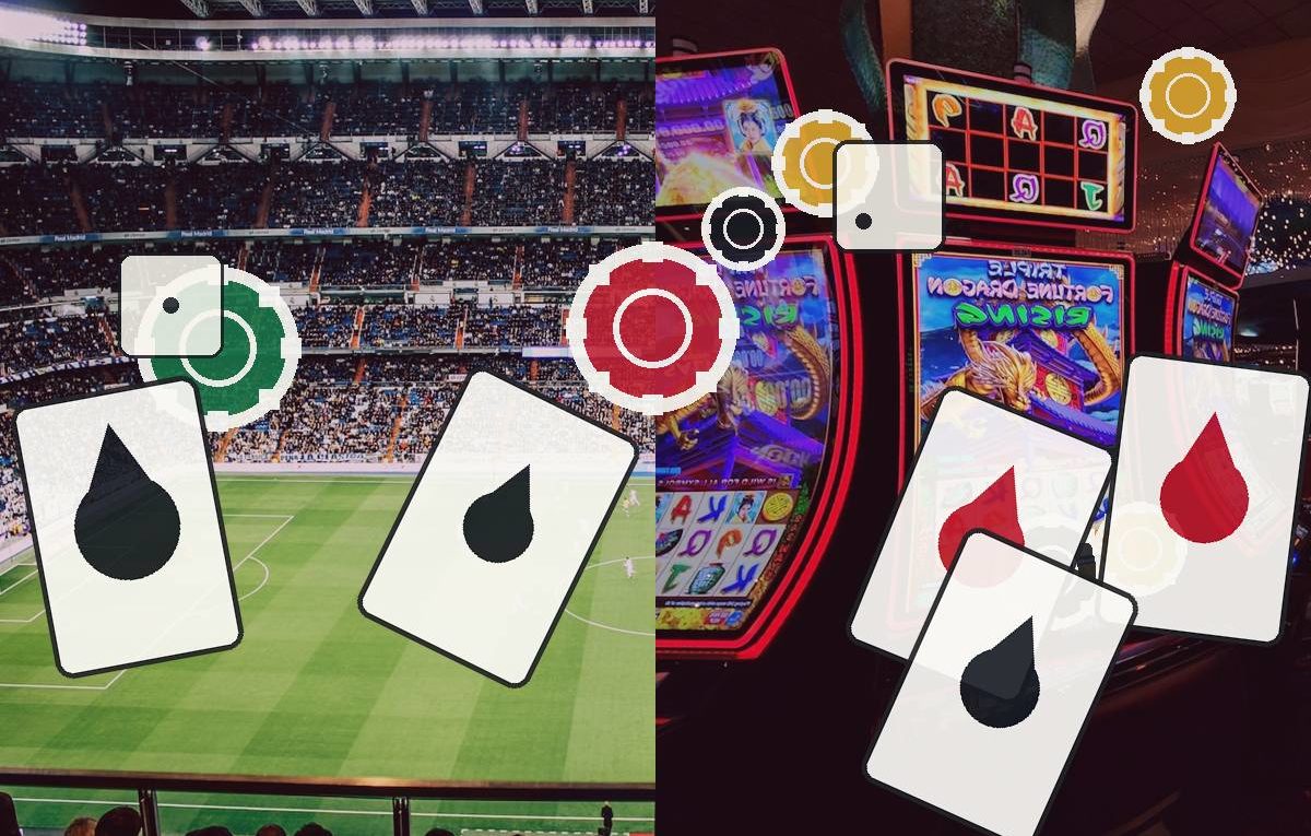 Juxtaposed scene: a football stadium on the left and a casino with slot machines on the right, with playing cards showing water drops overlaid across both sides.