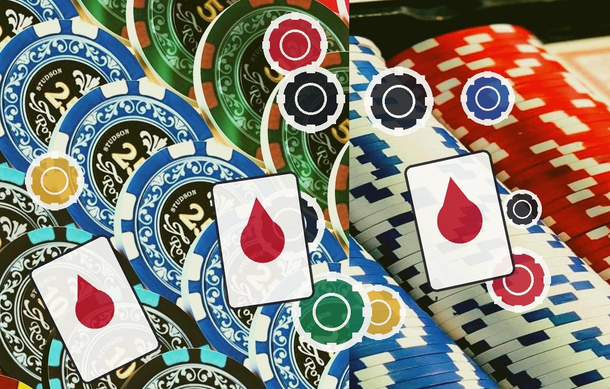 Chip and card stack image themed around blood donation, with red blood drop icons overlaid on playing cards and poker chips