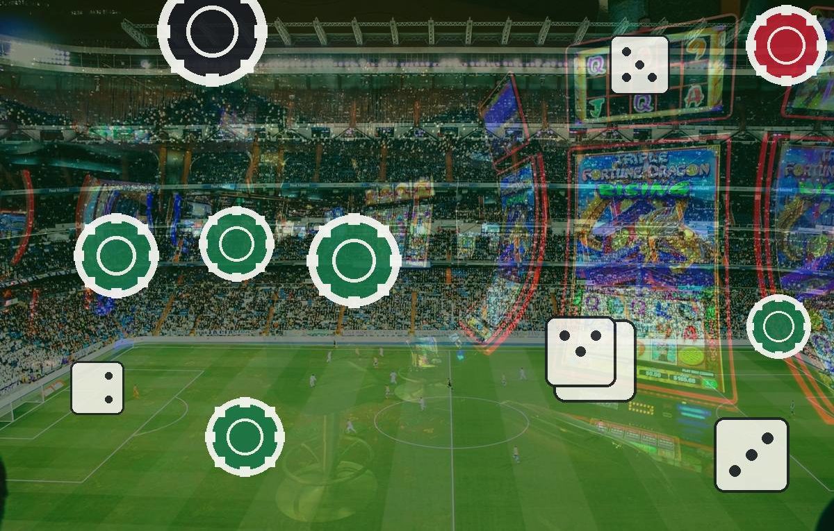Football stadium background with green casino chips and white dice icons overlay, suggesting a sports betting game.