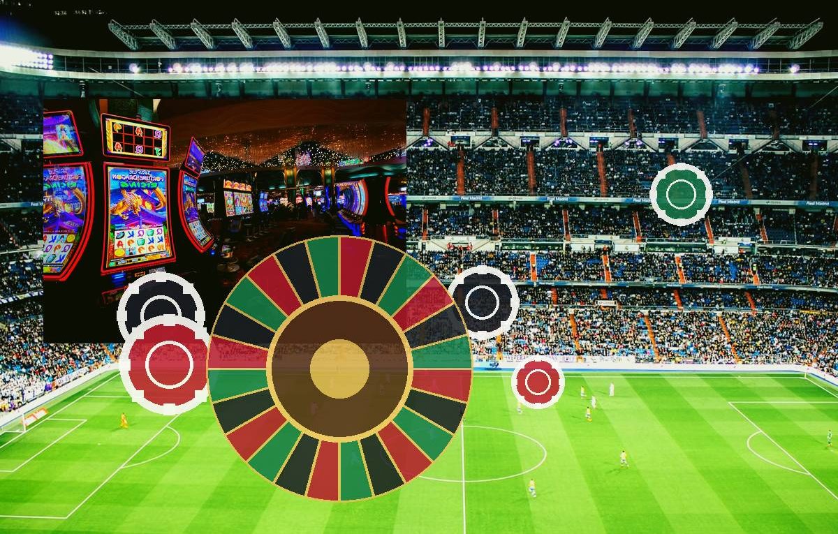 Stadium soccer field with oversized casino roulette wheel and chip icons overlaid, suggesting sports betting or gambling themed event.