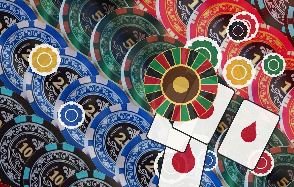 Colorful casino chips with scattered playing cards and a wheel-like motif, symbolizing gambling and luck.