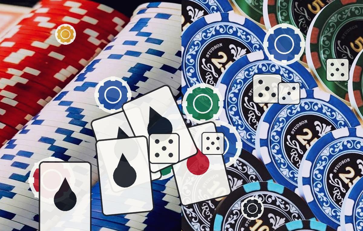 Collage of casino chips, playing cards, and dice suggesting a gambling scene on a table.